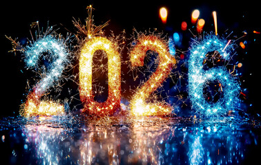 Glowing 2026 numbers made of sparklers with vibrant firework light effects on dark background representing New Year celebration Generative AI