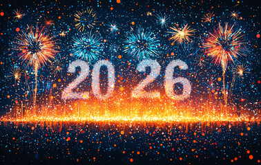 Colorful 2026 numbers with fireworks and confetti on dark background symbolizing festive New Year celebration and party atmosphere Generative AI