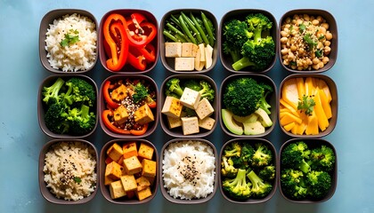Healthy vegan meal prep containers with tofu, rice, and vegetables
