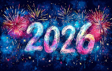 Colorful artistic 2026 numbers with fireworks and stars on night sky background symbolizing creative New Year celebration Generative AI