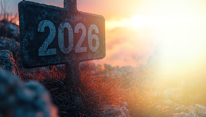 Weathered 2026 signpost on frosty ground at sunrise with glowing sunlight symbolizing new beginnings and the passage of time Generative AI