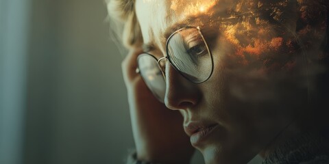 Dreamy double exposure portrait of a pensive woman. Golden autumn forest overlay. Perfect for websites, blogs, and social media.  Ideal for a calm, reflective mood.