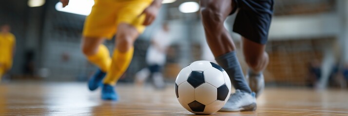 Fototapeta premium Indoor soccer match with male players in action on court