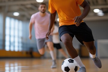 Young male athletes playing indoor soccer game in action
