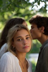 Obraz premium Young caucasian adults in nature setting with blonde woman and blurred couple