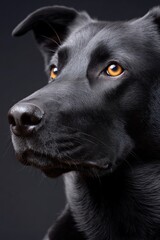 Close-up portrait of black labrador retriever with amber eyes on black background