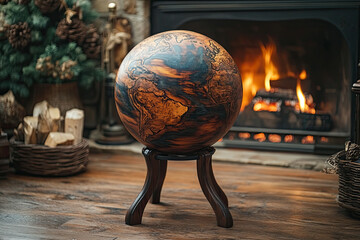 Warm Wooden Walls and a Fireplace Frame a Dark Oak Sphere on a Stand