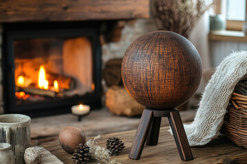 Warm Wooden Walls and a Fireplace Frame a Dark Oak Sphere on a Stand