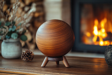 Realistic Wooden Sphere Displayed on a Tripod Stand in Front of Cozy Fireplace