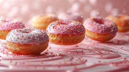 A tempting array of pink frosted donuts decorated with vibrant sprinkles, showcasing an inviting, sweet treat perfect for desserts and indulgent moments in any celebration.