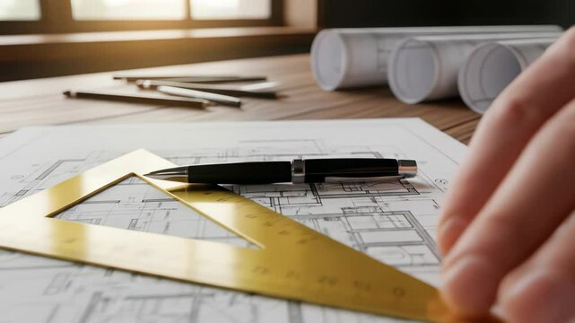 Architectural Blueprint Design With Golden Triangle Ruler And Pen