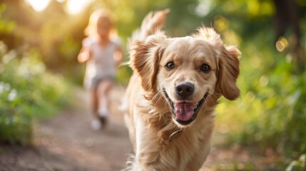 Obraz premium A friendly golden retriever joyfully runs through a sunny park, embodying happiness and the bond between pets and humans, perfect for capturing fleeting moments of love.