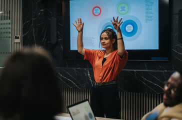 Group of business people engage in a discussion, analyzing strategies in a modern office. The setting exudes collaboration and innovation, focusing on teamwork and solutions to achieve business growth