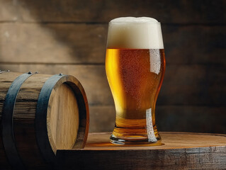 Large glass of cold beer with foam sits on wooden table next to barrel, warm rustic lighting
