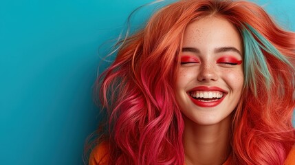 Naklejka premium An energetic young girl showcases her bright, multicolored hair and beaming smile against a turquoise background, representing joy, creativity and youthful spirit.