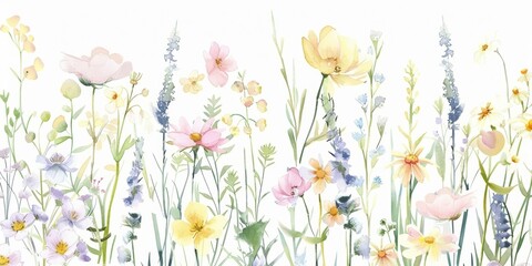 Watercolor wildflowers on a white background, 