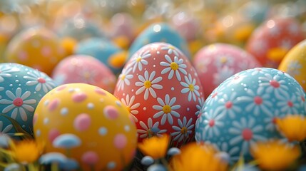 Fototapeta premium This enchanting image features beautifully decorated Easter eggs nestled among vibrant flowers, highlighting the joy of spring and the festive spirit of Easter celebrations.