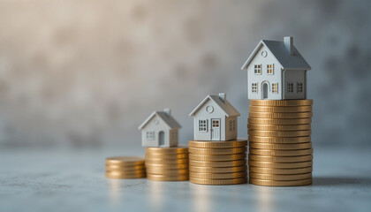 three miniature houses on rising coin stacks - illustrating real estate investment and value growth