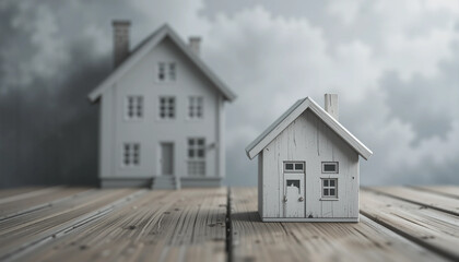 Miniature and large houses on wooden floor - illustrating real estate downsizing and investment