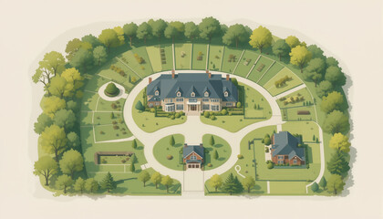 bird's eye view of a suburban cul-de-sac with diverse homes and lush landscaping