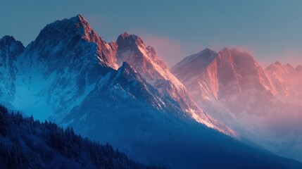 Majestic snow-capped mountains at sunrise. Peaceful winter landscape, perfect for travel, nature, and adventure themes. Ideal for websites, brochures, and advertising.