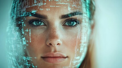 A woman's striking face is artfully integrated with a digital overlay of code, symbolizing the intersection of technology, beauty, and contemporary issues in identity and privacy.
