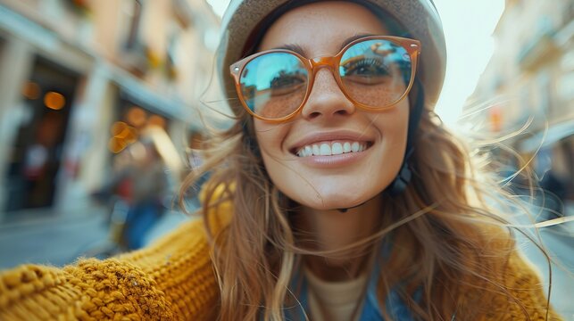 A spirited woman beams with a smile while wearing stylish sunglasses, capturing the essence of joy and adventure as she navigates the lively atmosphere of a bustling city street.