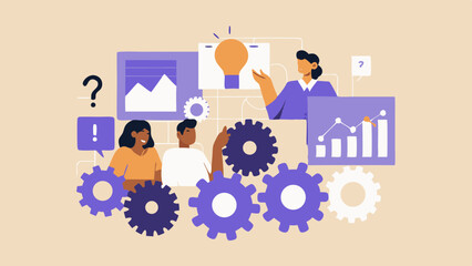 Business Team Brainstorming Ideas and Solutions Collaboration and Innovation Data Analysis and Strategy Flat Vector Illustration