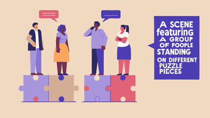 Diverse Team Standing on Puzzle Pieces Representing Collaboration and Problem Solving in a Modern Business Environment with Speech Bubbles