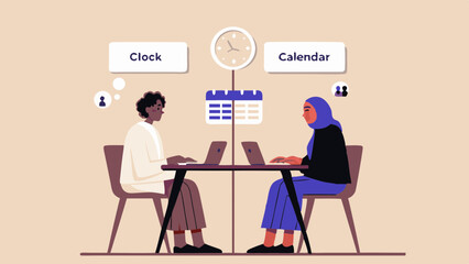 Diverse team working on laptops time management and scheduling concept vector illustration of colleagues meeting deadlines and planning events