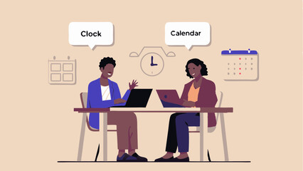 Business Meeting Illustration with Clock and Calendar Time Management and Scheduling Vector Design with Diverse Professionals Discussing Deadlines and Appointments