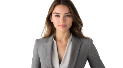 Businesswoman in stylish grey blazer and blouse, looking confidently at camera, waist-up, white background, professional photography, PNG 