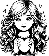 SVG file little girl holding heart, black and white vector file for printing, cutting