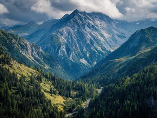 Obraz premium Majestic alpine mountain range, lush green valleys, and a winding river. Ideal for travel, nature, and environmental projects. Perfect for websites, brochures, and more.