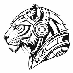 Cyberpunk Tiger Head, Futuristic Mechanical Animal Line Art Illustration.