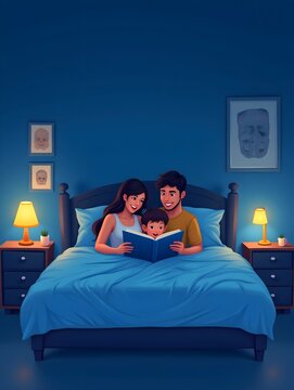 Family Reading Together in Bed Blue Bedroom Interior with Night Lamps and Wall Art Illustration