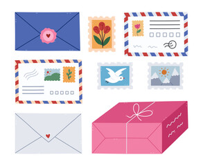 Lovely cartoon postal set with different envelopes, parcels, postage stamps. Hand drawn clipart of striped airmail letter, postcard, postmark with landscape, gift box isolated on white background.