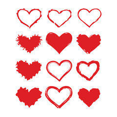Set of Red Hand-Drawn Hearts in Various Styles – Romantic and Artistic Heart Icons Collection

