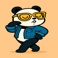 Naklejka premium A stylish panda strikes a dramatic model pose, wearing oversized yellow fashion glasses and a trendy denim jacket, set against a plain peach background.