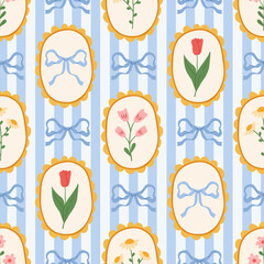 Seamless preppy french pattern on a striped background with beautiful flowers in decorative frames and bows. Coquette vintage background. Vector illustration for textile, baby clothes, wallpaper.