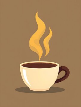 Hot steaming cup of coffee illustration with brown handle and beige cup design