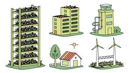 Set of Bold Pixel-Art Vector Illustrations of Sustainable Urban Farm  