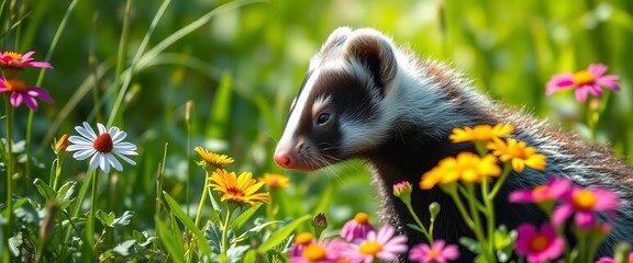 A curious skunk delicately sniffs vibrant wildflowers, sunlight dappling its fur, cute, habitat