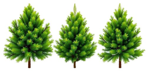 A collage banner of lush evergreen fir trees, isolated on a pure white background, showcasing their vibrant green needles and elegant shapes,  natural,  banner