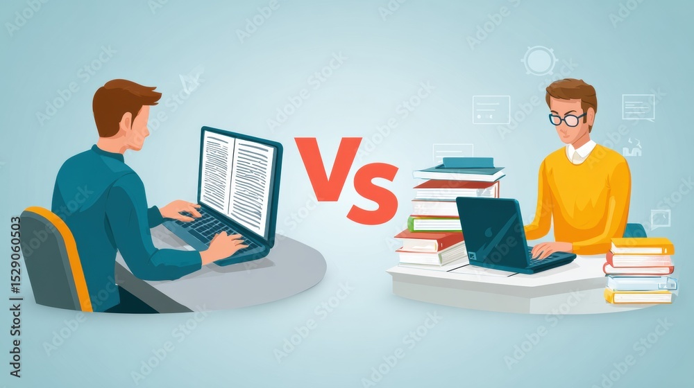 Aufkleber Comparison of Traditional and Online Learning Methods Highlighting E-Learning Advantages in a Modern Infographic Layout
