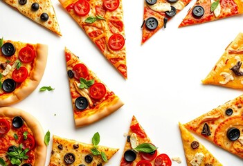 A colorful array of diverse pizza slices on a pristine white background, junk food, lunch