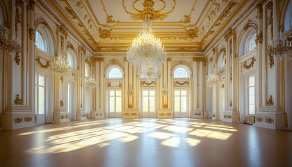Elegant palace hall interior with ornate chandeliers and natural sunlight creating a luminous ambiance