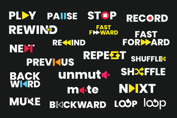 A sleek playback logo mark with play, pause, stop, rewind, and fast-forward icons, etc