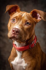 Obraz premium Adorable brown pitbull puppy portrait. Close-up studio shot. Ideal for pet-related websites, blogs, and social media. Perfect for pet food brands, veterinary clinics, and more.
