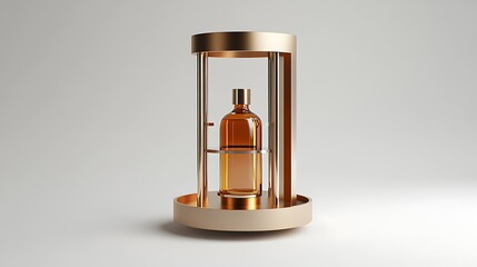 Bronze and gold tone cylinder stand with minimal bottle and abstract structure layout